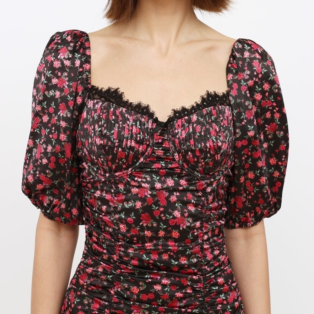 For Love & Lemons Melrose Satin Black and Pink Ruche Mini Puff sleeve dress - Picture 3 of 16